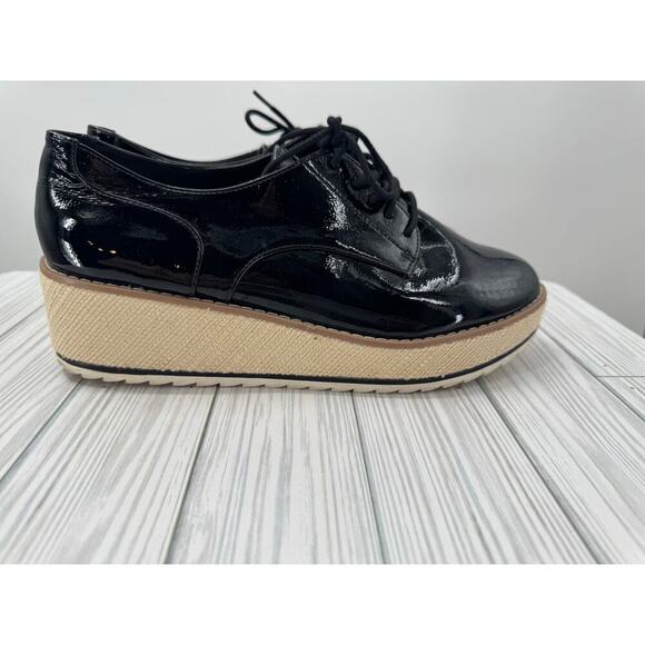 Call It Spring Vegan Aria Glossy Y2K Oxford‎ Chunky Heel Black Shoes Size 8.5 - Picture 1 of 10